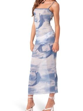 NWT XS EDIKTED Blue Cloud Slip Midi Dress Dolphin Sheer Mesh Slipdress coverup